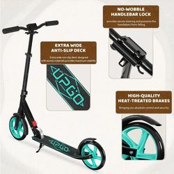 UPGO Kick Scooter for Teens, Kids & Adults, Max 240 lbs, Foldable, 8-Inch Wheels, 4 Adjustable Levels, Aqua