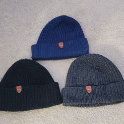 3 black l, blue and gray coach men's winter hats, made from 100% wool with cow leather trim. (MUST SELL TODAY)