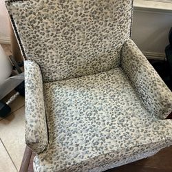 Beautiful Gray High End Couch  Sofa With Nailhead Trim And Gray Blue Cheetah Print Swivel Chair 