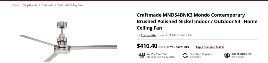 Craftmade 54” 3-blade Ceiling Fan, Brushed Nickel
