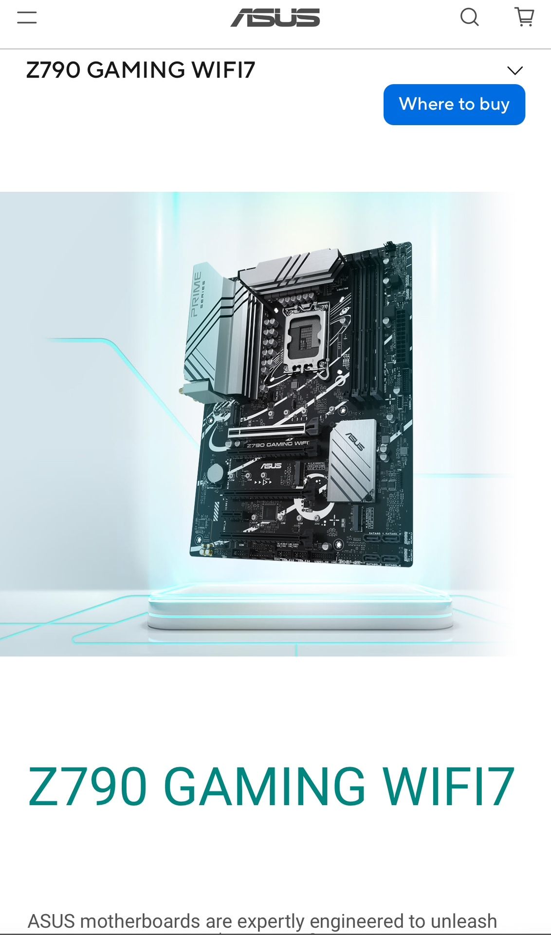 ASUS Z790 GAMING WIFI7 LGA 1700 ATX motherboard with PCIe 5.0, three M.2 slots, 14+1 DrMOS, DDR5, WIFI 7, Realtek 1Gb LAN, HDMI TM, USB 3.2 Gen 2x2 Ty