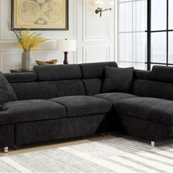 Brand New Black Sectional Sofa Converts into Bed Adjustable Headrests