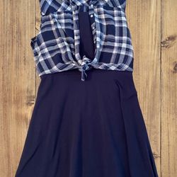 Brand New Navy/Ivory One Piece Dress With Plaid Button-down Top