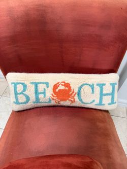 Nautical "BEACH" Wool Hooked Lumbar Pillow – Crab Accent