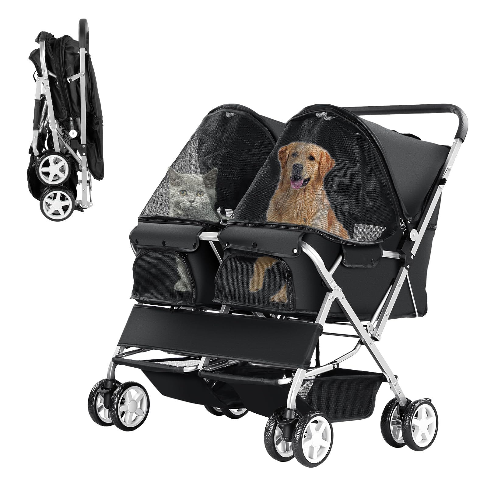 Double Pet Stroller, Foldable Stroller For 2 Dogs & Cats, Two-Seater Carrier Twin Dog Walk Jogger Travel Pet Carriage Cart With Storage, Black