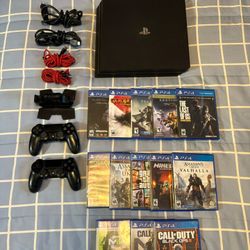 Used PS4 Pro 1TB Bundle: 2micro USB, HDMI, Power cord, 2 Controllers, Charging Stand, 13 Games
