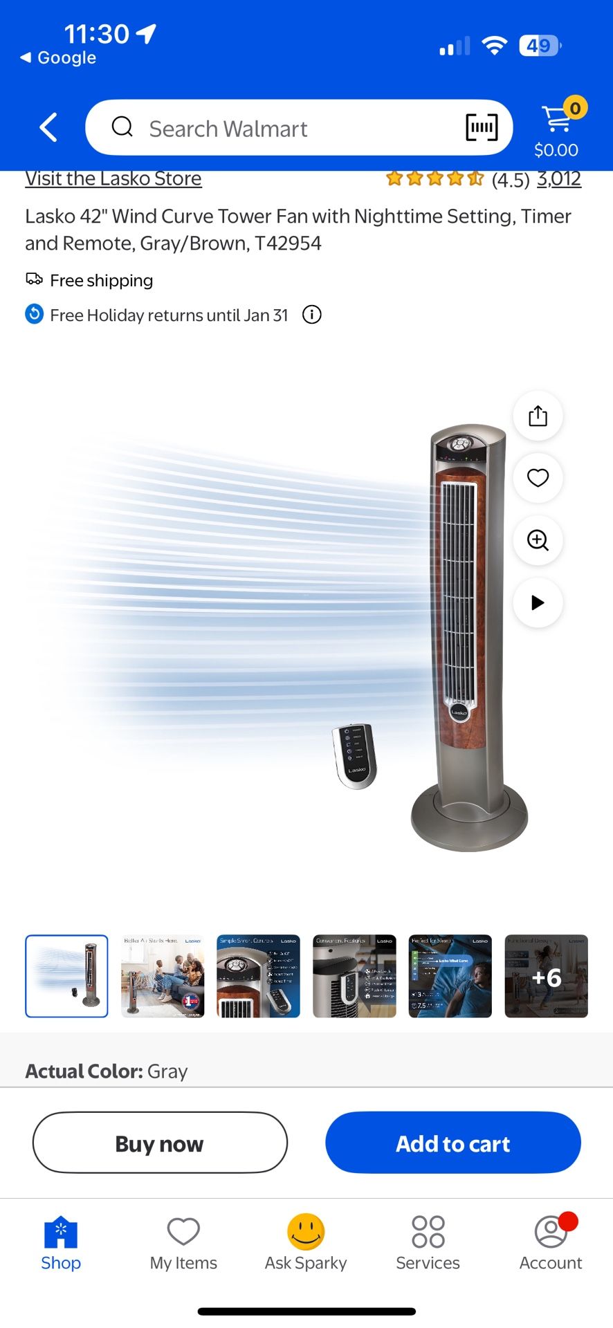 Lasko 9554 42" Oscillating Tower Fan $40