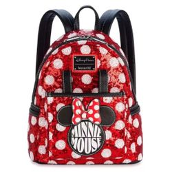 Disney Parks Loungefly Minnie Mouse Sequin Polka Dot Mini Backpack Red 