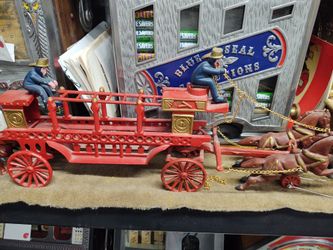 Cast Iron reproduction Firefighter Horse and Carriage