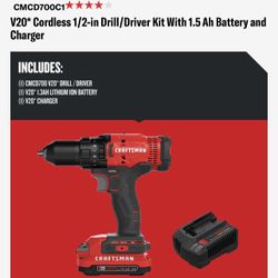Craftsman V20 Cordless 1/2-in Drill/Driver Kit With 1.5 Ah Battery and Charger