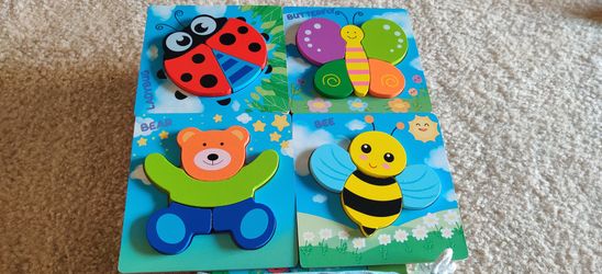 Wooden Animal Puzzles for Toddlers 1 2 3 4 Year Old Girls & Boys, Sensory Toys, Bright Vibrant Colors Toys, 4 Puzzles + Bag + Matching Coloring Book