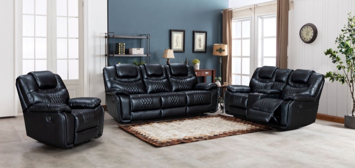 Fourth of July sale. Santiago black leather reclining sofa and loveseat set $1199. Recliner chair, $399. Easy finance option. Same day delivery