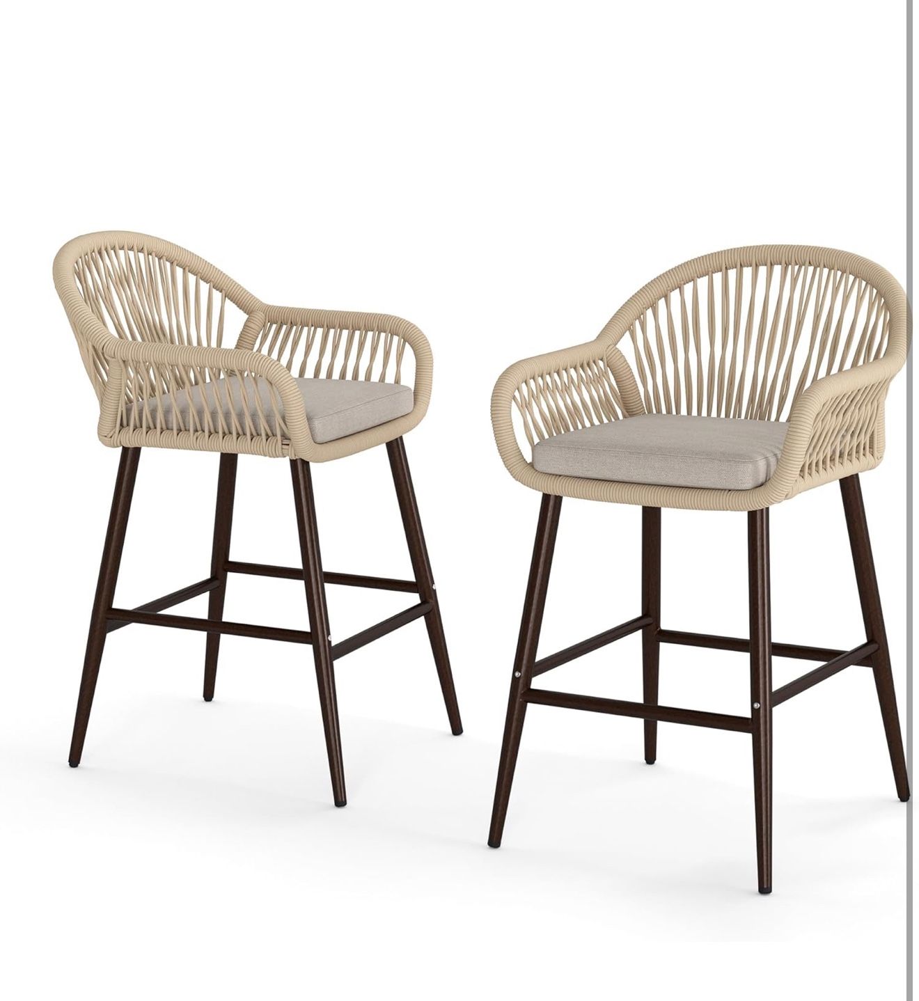 Outdoor Bar Stools Set of 2, 26.8 H Boho Woven Rope Back Rattan Barstools with Aluminum Legs for Patio Garden, Apricot Black