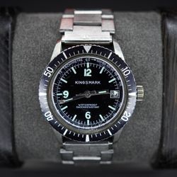 Vintage Kingsmark Diver Swiss Made Watch Black Dial Date Stainless Steel Bracelet