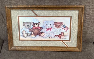 Pre Owned Adorable SITTING TEDDY BEARS MATTED IN A WOODEN FRAME