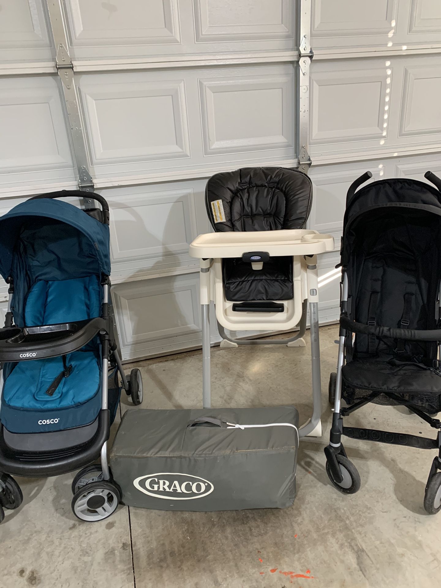 Pack And Play, High Chair, and 2 Strollers 40.00 All