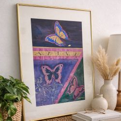 Vintage Original Hand Painted Butterfly Artwork Framed Gold Accent Boho Wall Art Large Signed Artist Mixed Media Insects Butterfly 