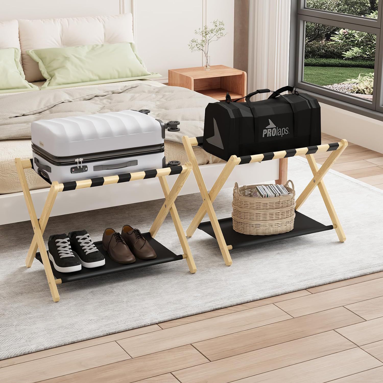 Bamboo Luggage Rack Set, Foldable Suitcase Stand, Pack of 2, NIB