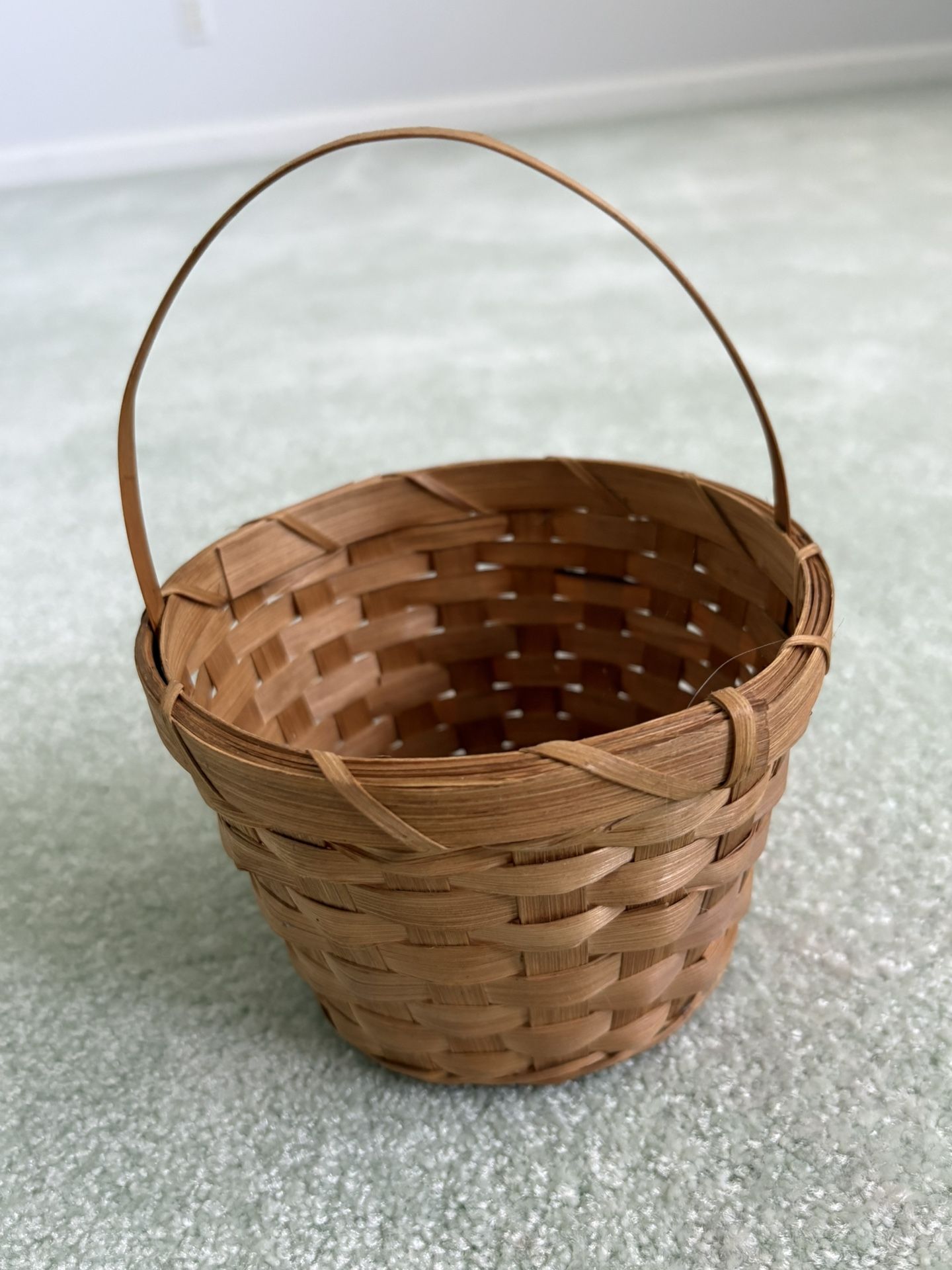 Longaberger Basket With A Handle 7.5” Tall With A Diameter Of 5.5”