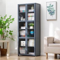 59” Grey Bookcase Cabinet – Transparent Side Panels, Glass Doors, Storage Shelf