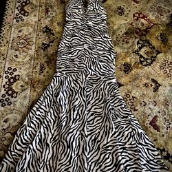 Black Off white Zebra Print Backless Halter Mermaid Style Long Dress Gown
