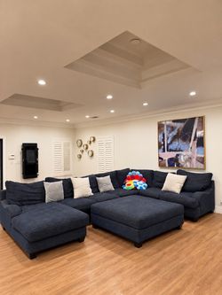 Large Navy Blue Sectional Sofa + Oversized Ottoman – 13 FT