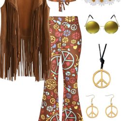 60s 70s Outfit For Women Hippie Costume 8pcs Fringe Vest Flared Pants Costume Peace Sign Necklace Earrings