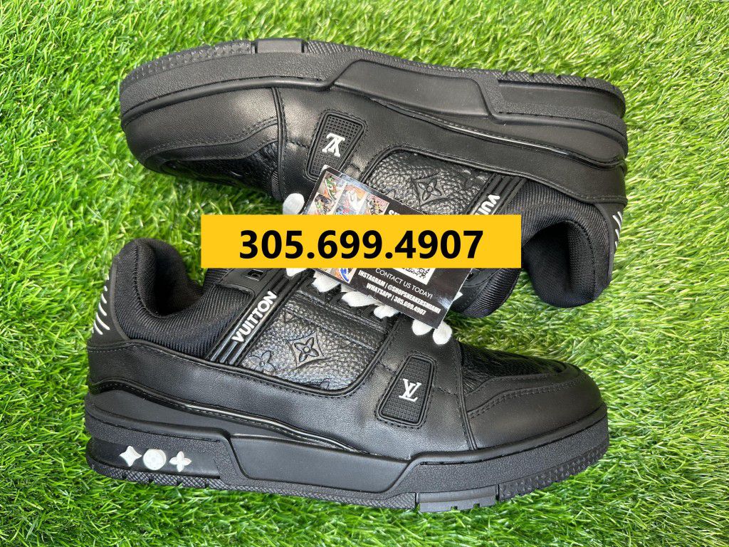 [NO BOX] LOUIS VUITTON LV TRAINER BLACK LEATHER NEW SNEAKERS SHOES SIZE 35 36 37 38 39 40 41 42 43 44 45 46 5 6 7 8 8.5 9.5 10 10.5 11 12 A5