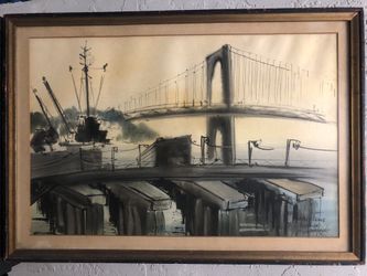 Whitestone Bridge Bronx New York Watercolor Painting Signed M Cole Vintage Art