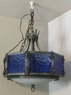 Mid Century Blue Glass Wrought Iron Swag Pendant Light Spanish Revival