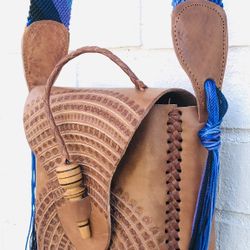 New Handcrafted Tooled Brown Leather Crossbody Flap Bag with Woven Purple Strap