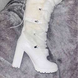 White Fur Over The Knee High Heel Boots 