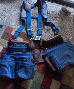 BLUE LEATHER HYBRID 19-POCKET TOOL BELT WITH SUSPENDERS New