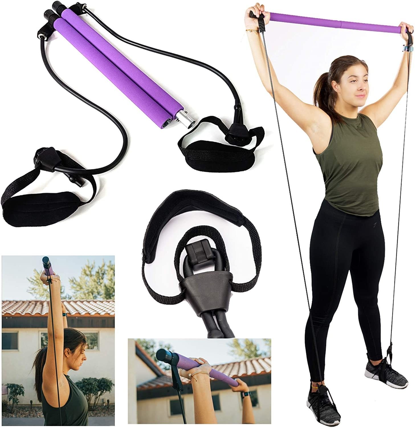 VICTORIAGRACES Pilates Bar Kit With Adjustable Resistance Bands Portable Home Gym Equipment x3 Full Body Workout Exercise Band