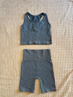 Blue Waffle Knit Crop Tank and Shorts Set