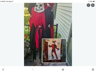 Mens Evil Jester Costume and Mask Adult Scary Red Eye Clown Suit Halloween, pants, shirt, head gear size 36” to 44” top adjustable string tie pants ex