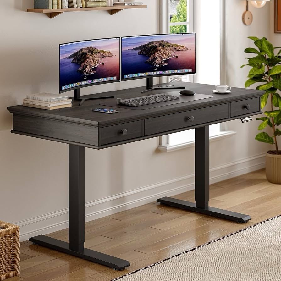 Standing Desk with Drawers, 55 x 23 Inch Electric Height Adjustable Desk with Storage & Outlets, for Computer Workstation, Home Office, Retro Curved T