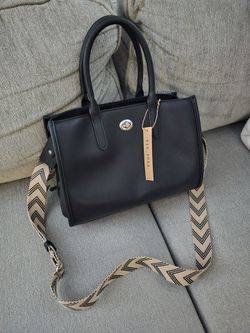 Brand New Rae Dunn  With Tag Tote Purse Black Vegan Leather with Removeable Chevron Strap