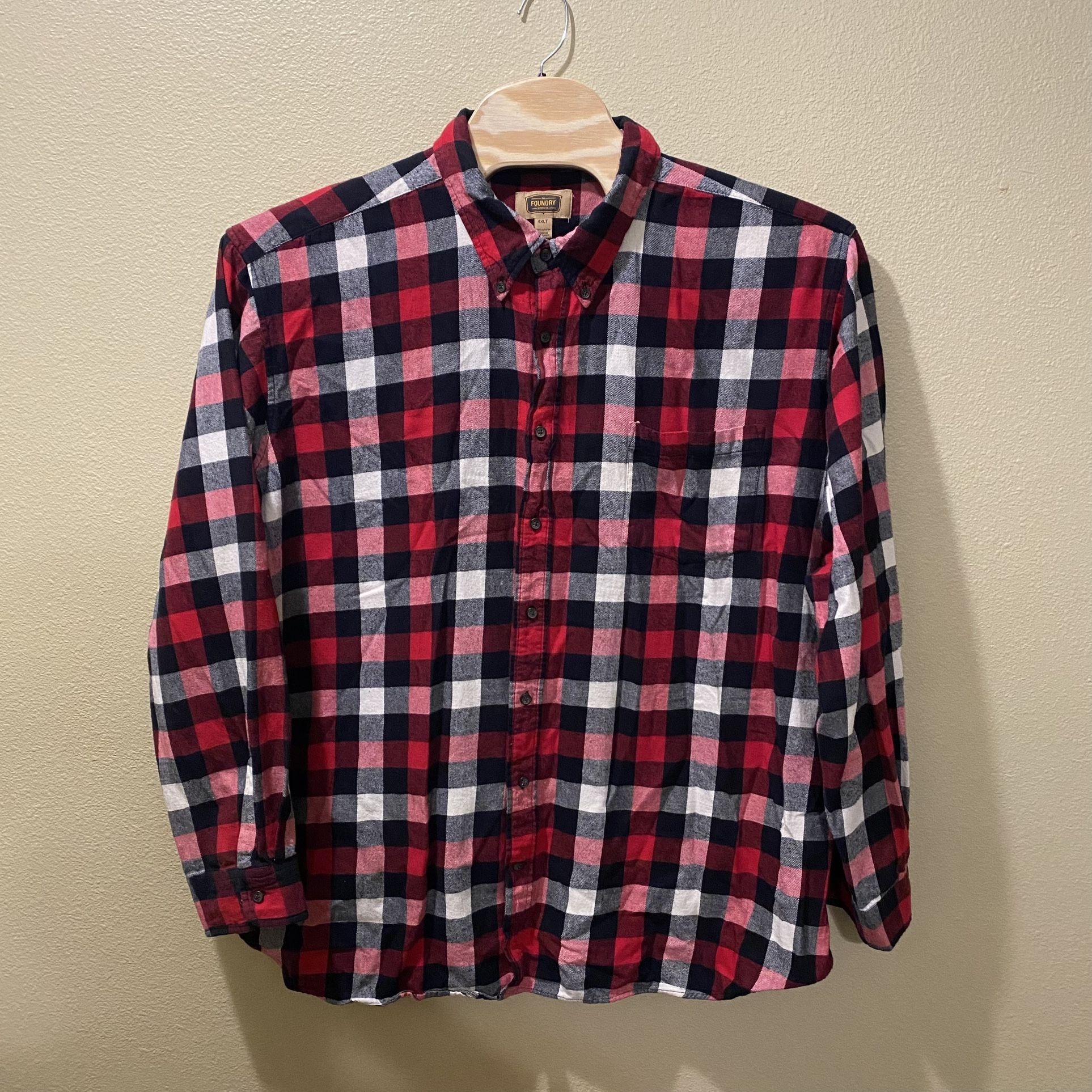 Men’s 4XLT Foundry Red Black White Plaid Flannel Long Sleeve Button Down