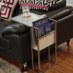 Retro Chrome With Frosted Glass Side Table End Table With Magazine Rack
