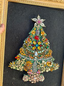 Vintage rhinestones jewelry hand crafted Christmas Tree mounted on wooden frame