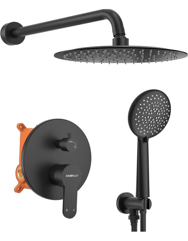 Shower System Black, 12 Inch Shower Faucet Set with Rain Shower Head and Handheld, Rainfall Shower Combo Set with Shower Valve Kit