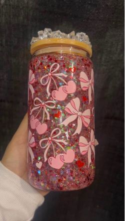 Pink Cherry Bow Glitter Tumbler