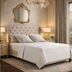 Full size bed frame Essential Wingback Platform  with Tufted,Beige B-28