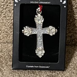 Silver Toned Cross Metal Holiday Christmas Ornament w/ Crystals from Swarovski