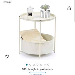 Metal Nightstand, Sofa Side Snack Table, Coffee Round Table with Detachable Tray Top and Fabric Storage Basket, Scandi Style Table for Living Room Bed