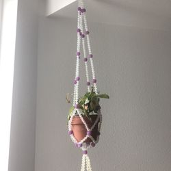 Boho 70s Beaded Plant Holder- Purple And White 