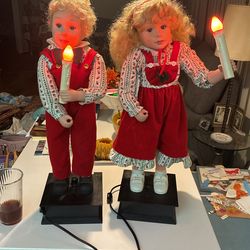 Two 24 Inch Adorable Mechanical Christmas Children Holding Lit Candles.