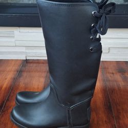 Coach Tristee Black Matte Lace Up Corset Rain Boots Sz 9 
