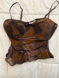 Brown Abstract Print Mesh Corset Cami Top